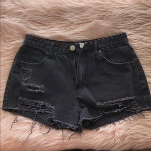 Black distressed denim shorts